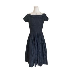 Rare 50s Ceil Chapman Couture Black Pleated Dress Full Skirt Bateau Neckline